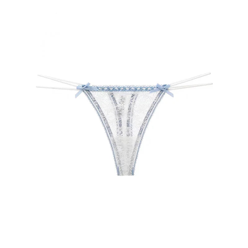 Blue lace thong product image featuring delicate floral lace, feminine ribbon accents and elegant double side straps. Perfect for luxury lingerie collections, romantic occasions and women seeking premium sexy underwear and stylish lingerie.