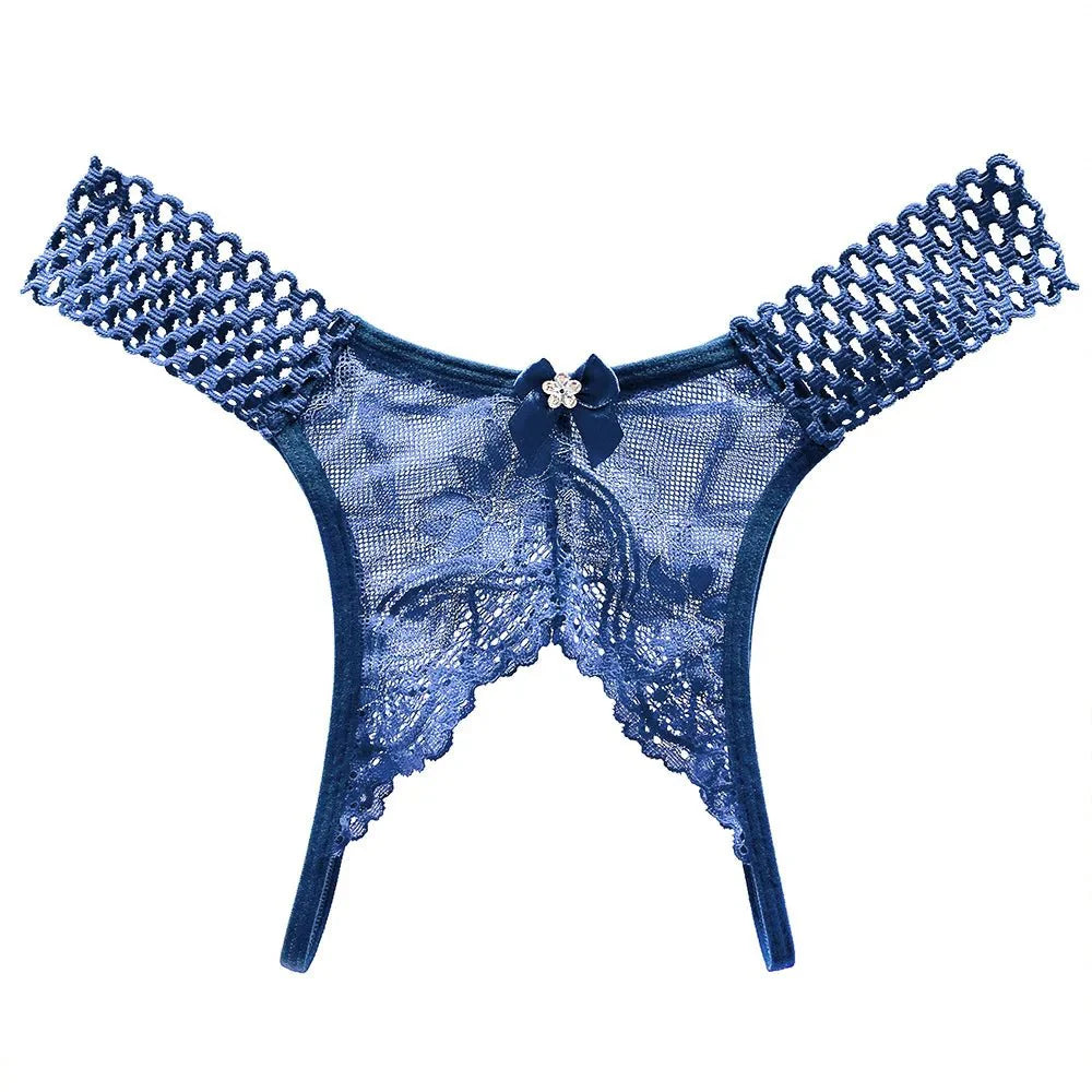 Bellvian blue open crotch lace knickers featuring elegant lace embroidery, suitable for women looking for luxury lingerie for romantic evenings and date nights, while also serving as a memorable Valentine's or anniversary gift for her.
