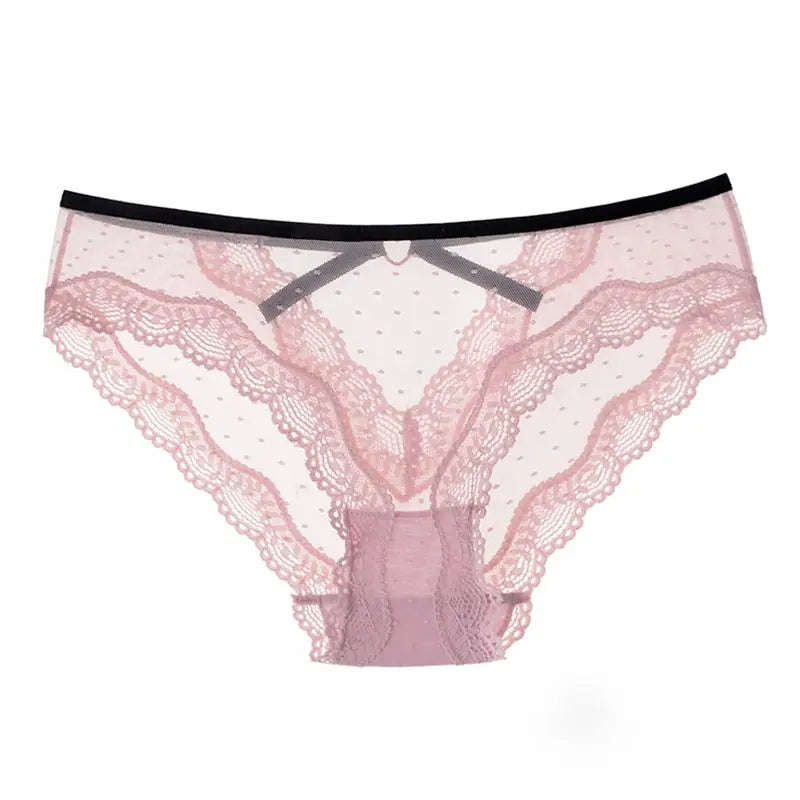 Bellvian blush pink lace cheeky brief close up product image highlighting sheer polka dot mesh, intricate floral lace detailing and premium craftsmanship, luxury feminine underwear designed to enhance confidence, comfort and romantic style for UK lingerie lovers.