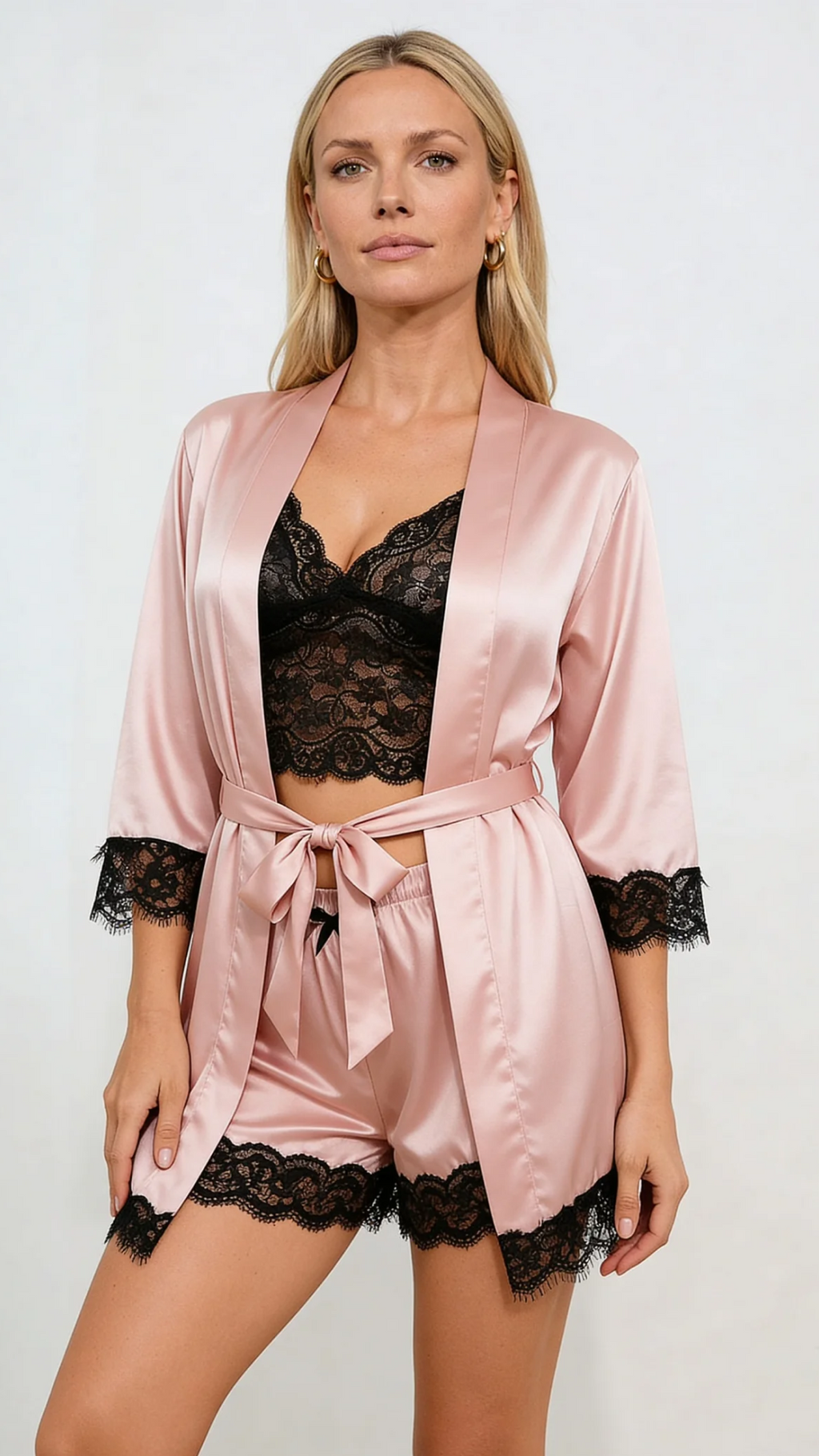 Bellvian blush pink satin pajama set featuring luxury satin robe lace camisole and matching shorts elegant bridal sleepwear honeymoon pyjama set wedding morning robe anniversary gift for wife gift for girlfriend luxury loungewear romantic nightwear feminine satin sleep set and premium ladies nightwear UK
