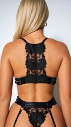 Detailed rear view close-up of Bellvian™ bridal lingerie black bra, focusing on the intricate floral lace racerback design, multi-strap band extensions, and sheer mesh composition, tailored for an exquisite anniversary gift for wife online search.