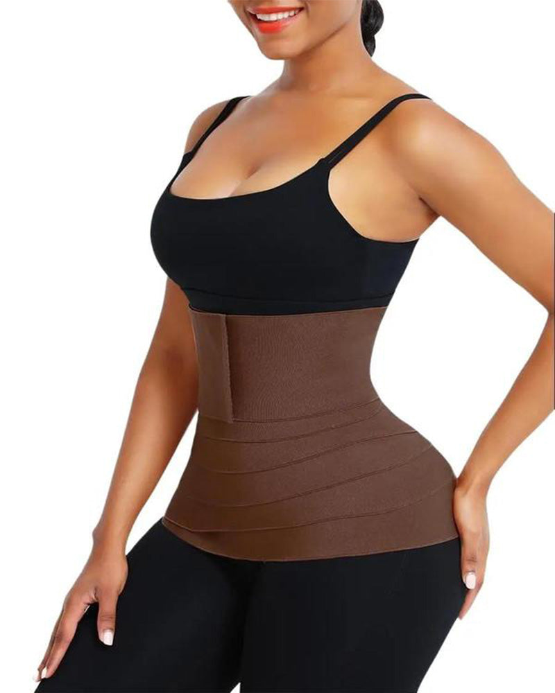 Bellvian brown waist slimming wrap corset with tummy flattening compression and sculpting body contour support, designed for postpartum shaping, waist reduction and invisible smoothing under fitted outfits in the UK