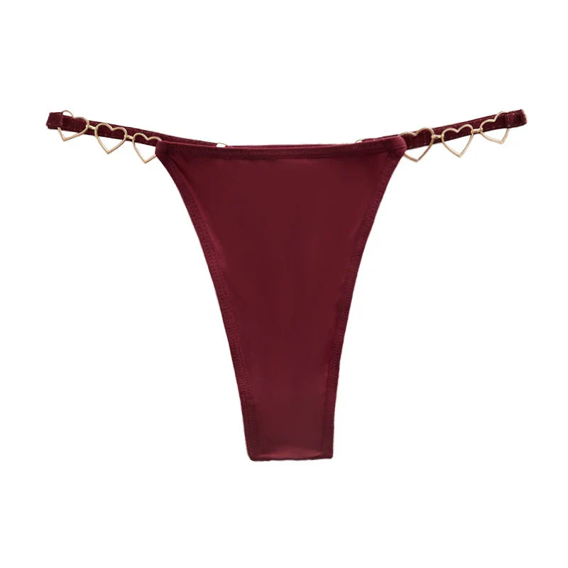 Burgundy chain side thong product image showcasing metallic heart detailing and a feminine luxury fit. Perfect for romantic gifts, honeymoon lingerie collections and women looking for elegant sexy underwear in the UK.