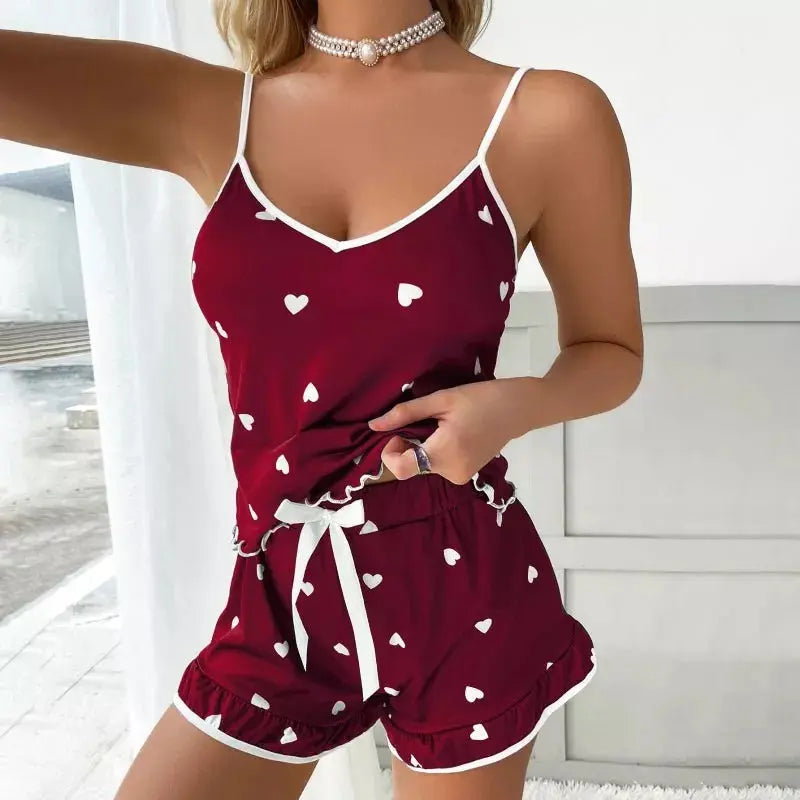 Bellvian burgundy heart print camisole and shorts pyjama set for women featuring romantic heart pattern luxury sleepwear UK elegant ladies nightwear cosy bedtime clothing Valentine's pyjamas gift for girlfriend anniversary gift for wife honeymoon nightwear comfortable lounge set women's sleep clothes and premium homewear fashion