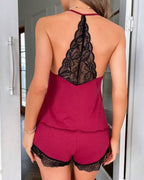 Bellvian burgundy lace back short pyjama set featuring sexy open back lace detail soft comfy fabric feminine matching shorts romantic valentines sleepwear cozy lounge homewear gift for girlfriend and luxury cute nightwear aesthetic UK