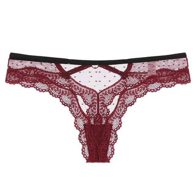 Burgundy Bellvian lace cut out thong featuring rich colour tones, floral lace detailing and a seductive silhouette. This luxury women's underwear style is ideal for romantic evenings, anniversary presents, Valentine's gifts and elegant lingerie collections.