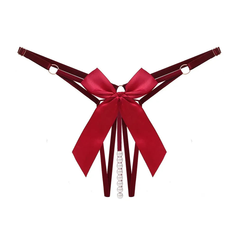 Bellvian burgundy pearl thong featuring rich satin ribbon details and decorative pearls, designed for women who enjoy luxury sexy lingerie and for shoppers looking for a romantic anniversary gift or thoughtful present for a wife or partner.