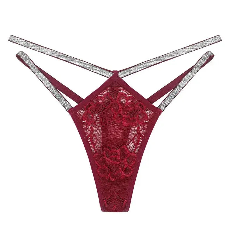 Bellvian™ burgundy lace thong panties featuring luxurious floral lace and sparkling rhinestone double straps, offering sexy lingerie for women who appreciate elegant intimate fashion, romantic underwear and premium lingerie styles, perfect for honeymoon nights, anniversary celebrations, romantic evenings and memorable gifts for wives or girlfriends.