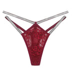Bellvian™ burgundy lace thong panties featuring luxurious floral lace and sparkling rhinestone double straps, offering sexy lingerie for women who appreciate elegant intimate fashion, romantic underwear and premium lingerie styles, perfect for honeymoon nights, anniversary celebrations, romantic evenings and memorable gifts for wives or girlfriends.