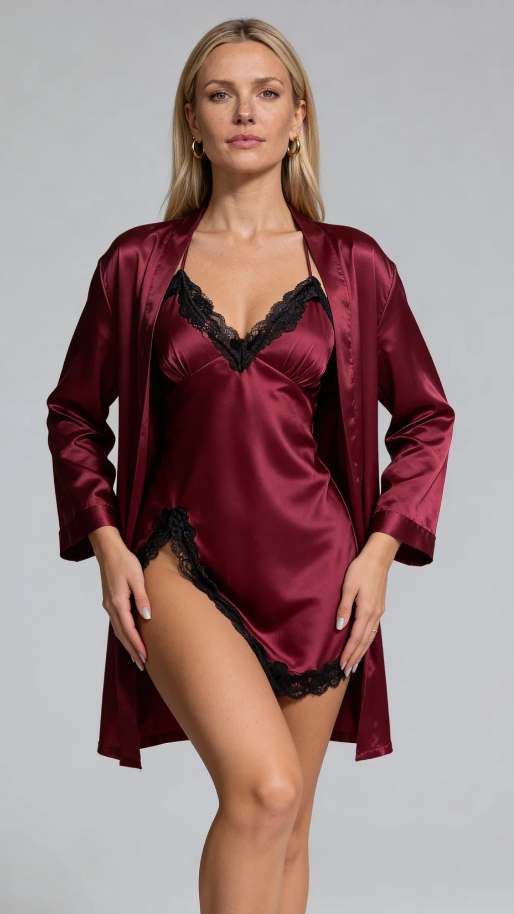 Bellvian burgundy satin sexy nightwear with silky finish and elegant lace neckline, inspired by seductive lingerie trends and designed for romantic evenings, Valentine’s surprises, honeymoon nights and luxury gift shopping for wife or girlfriend in the UK