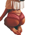 Back view of Bellvian burgundy lace brief featuring transparent mesh embroidery, delicate lace edging and a flattering cheeky fit, luxury women's lingerie created for confidence, elegance and romantic intimate fashion, perfect anniversary, Valentine's Day and honeymoon gift.