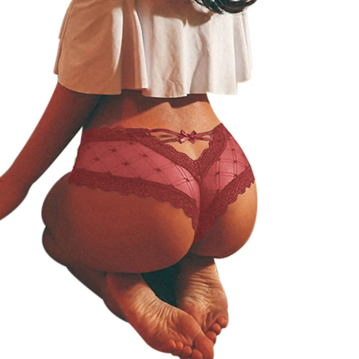 Back view of Bellvian burgundy lace brief featuring transparent mesh embroidery, delicate lace edging and a flattering cheeky fit, luxury women's lingerie created for confidence, elegance and romantic intimate fashion, perfect anniversary, Valentine's Day and honeymoon gift.