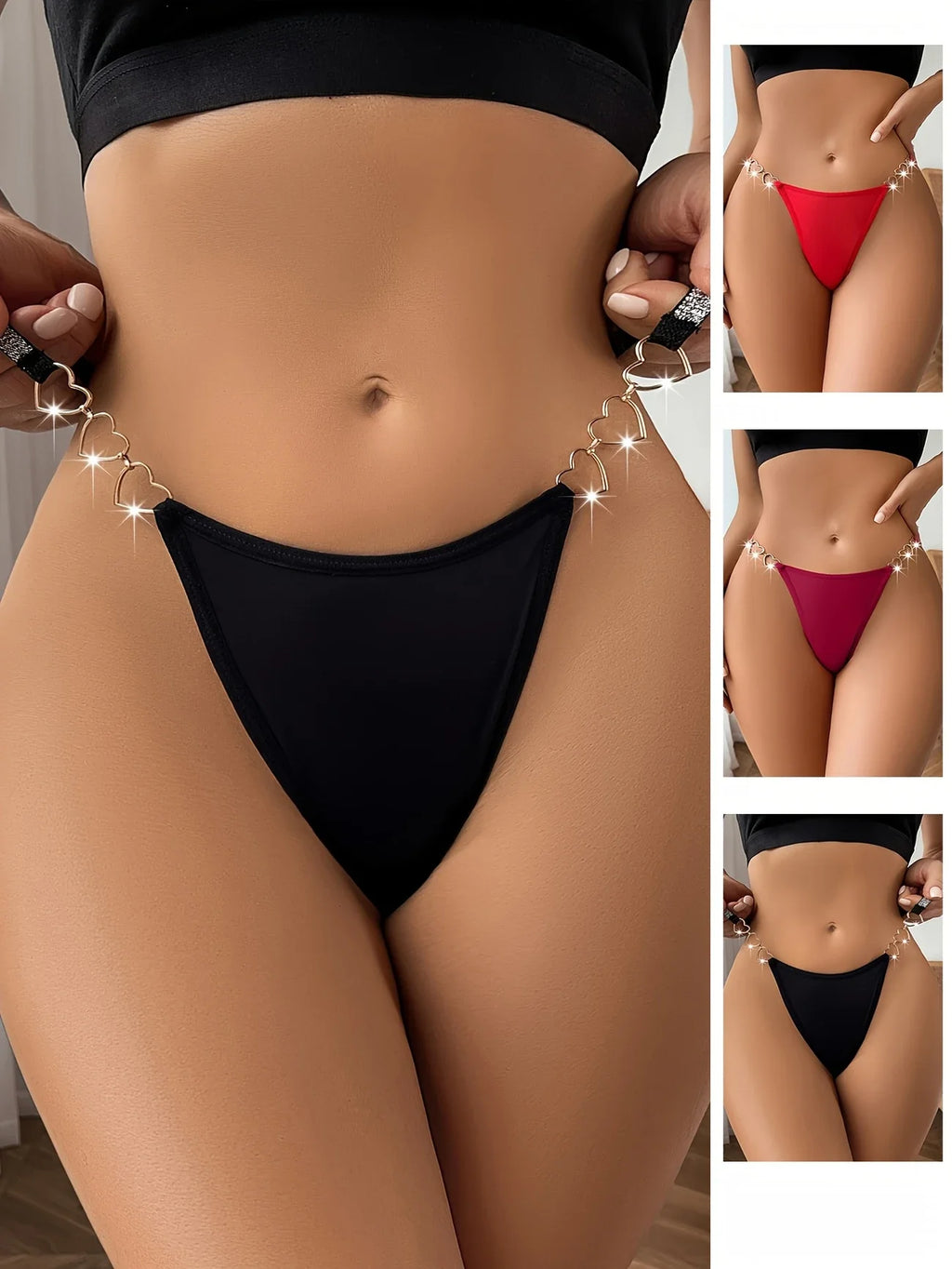 Chain side thong lingerie available in black, red and burgundy colour options featuring metallic heart details and a flattering luxury fit. Perfect for romantic lingerie collections, anniversary gifts, honeymoon outfits and women seeking premium sexy underwear in the UK.