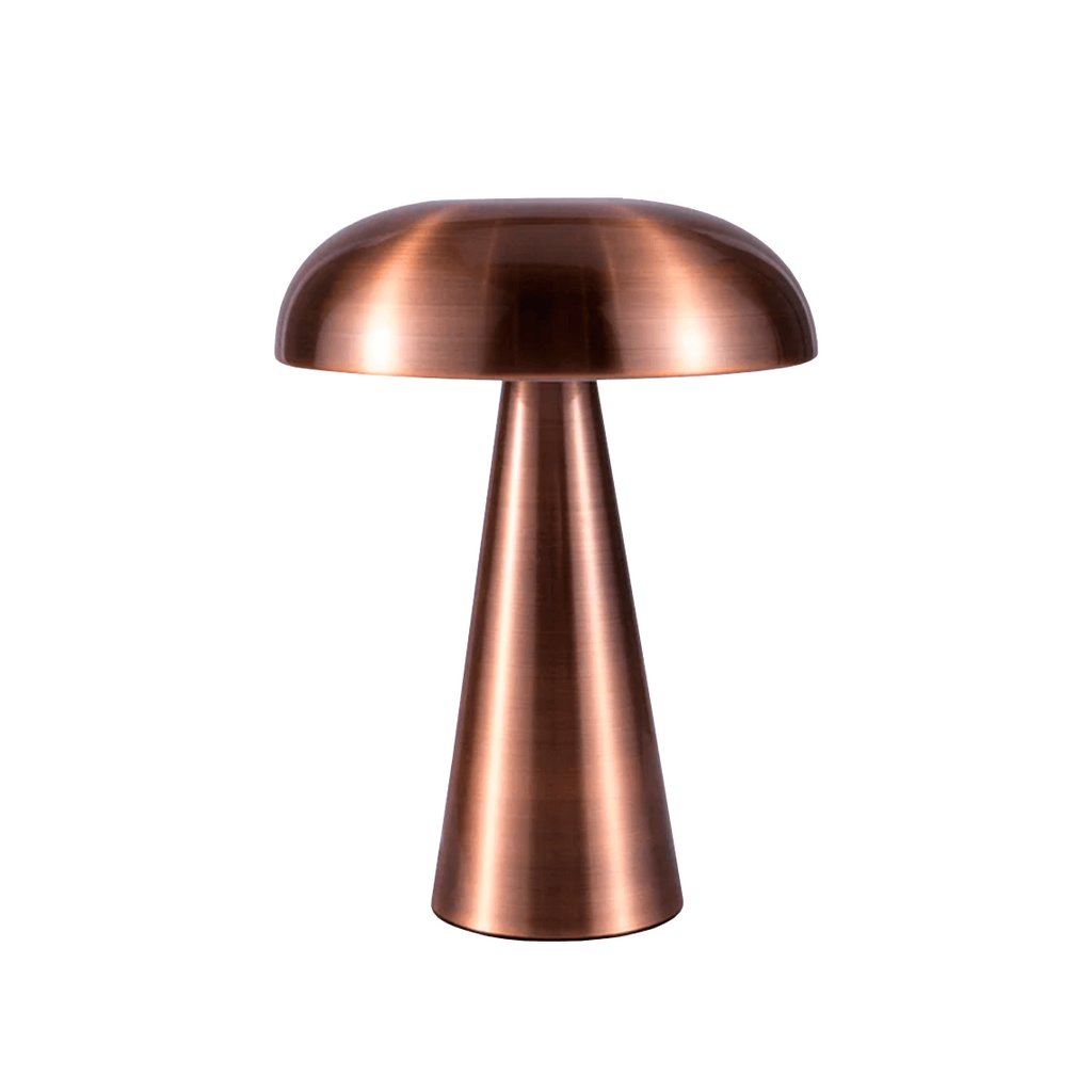 Copper metal mushroom table lamp with LED light, conical base and brushed finish; rechargeable, cordless, dimmable touch control for modern home décor.
