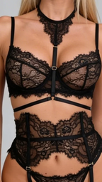 Detailed close-up portrait of Bellvian™ cut out lingerie set bra, capturing the supportive underwired cups, delicate floral scalloped borders, and elastic strapping connecting to the statement choker neck element.