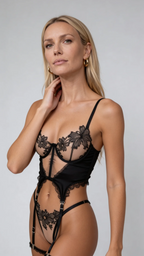 Symmetrical three-quarter view of Bellvian™ cut out lingerie set, showcasing the model holding her hand to her neck to emphasize the sheer floral bodice and geometric strappy layout, tailored specifically for high-conversion transactional searches.