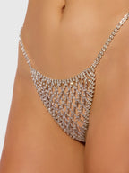 Bellvian diamante crystal bikini bottom for women UK featuring shimmering rhinestone mesh craftsmanship and luxury body jewellery styling. Premium crystal lingerie ideal for Ibiza fashion, festival outfits, bridal boudoir photography and honeymoon gift shopping close up view.