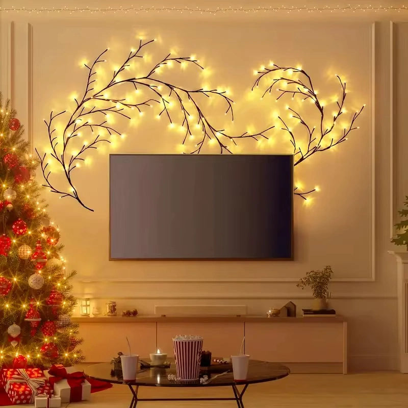 Christmas-inspired Bellvian Fairy Vine Light framing a TV wall with elegant LED branches, adding festive glow to cozy holiday interiors.
