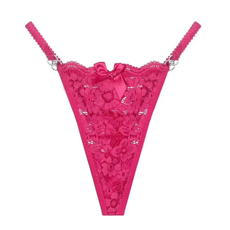 Fuchsia lace thong featuring intricate floral patterns, sparkling side embellishments and a flattering high cut silhouette. Designed for women who love vibrant luxury lingerie, fashionable underwear and statement intimate wear with a glamorous finish.