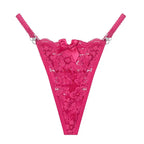 Fuchsia lace thong featuring intricate floral patterns, sparkling side embellishments and a flattering high cut silhouette. Designed for women who love vibrant luxury lingerie, fashionable underwear and statement intimate wear with a glamorous finish.