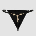 Black thong panty with elegant gold crystal embellishments and adjustable straps. Designed for shoppers looking for sexy lingerie, luxury underwear, anniversary gifts for her, bridal intimates or premium fashion lingerie with eye-catching jewellery inspired details.