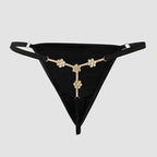 Black thong panty with elegant gold crystal embellishments and adjustable straps. Designed for shoppers looking for sexy lingerie, luxury underwear, anniversary gifts for her, bridal intimates or premium fashion lingerie with eye-catching jewellery inspired details.