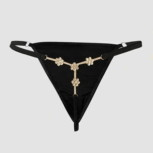 Black thong panty with elegant gold crystal embellishments and adjustable straps. Designed for shoppers looking for sexy lingerie, luxury underwear, anniversary gifts for her, bridal intimates or premium fashion lingerie with eye-catching jewellery inspired details.
