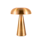Polished gold metal mushroom lamp with LED glow; cordless, rechargeable and touch controlled for luxury home décor and dining tables.