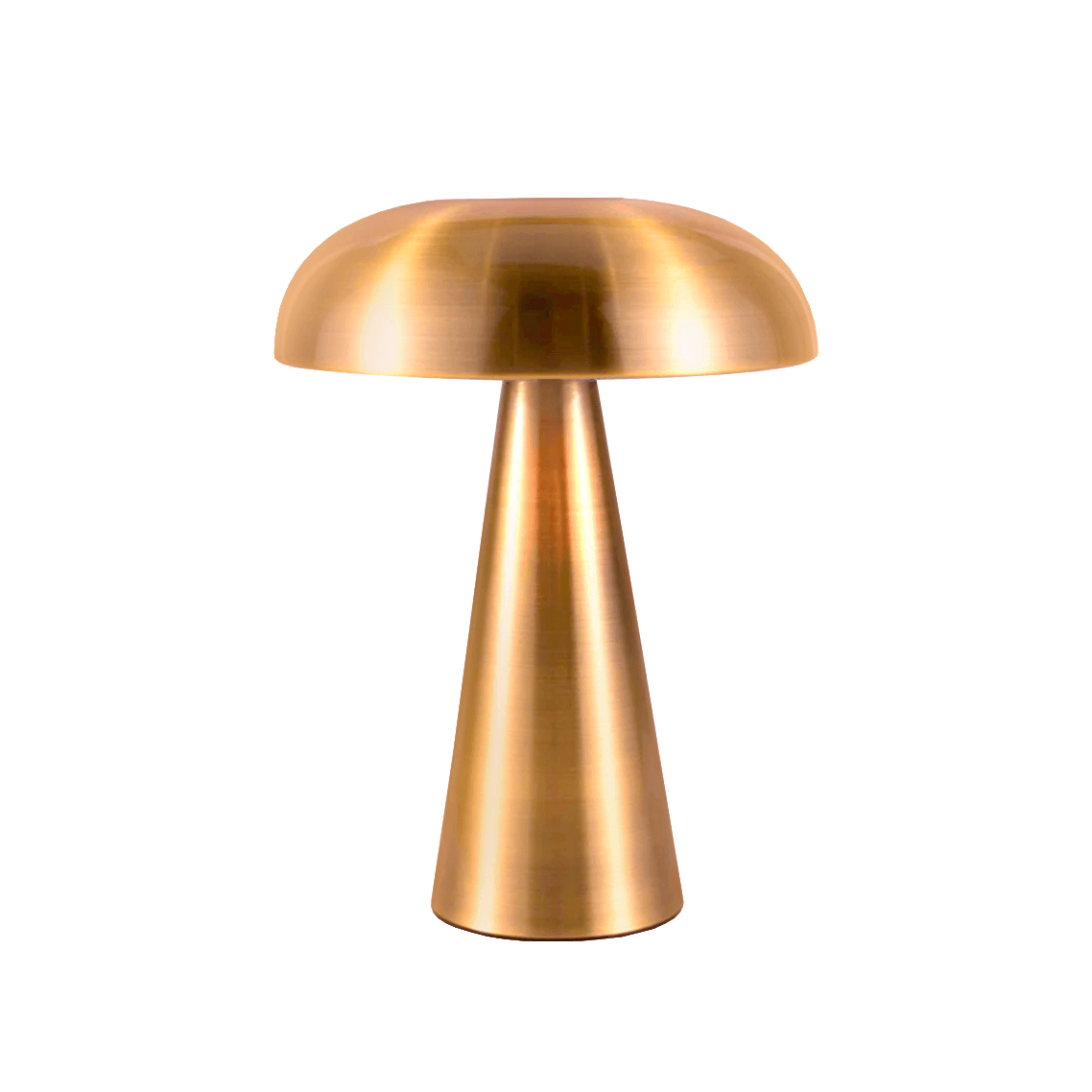 Polished gold metal mushroom lamp with LED glow; cordless, rechargeable and touch controlled for luxury home décor and dining tables.