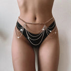 Bellvian gold and silver layered crystal waist chain featuring luxury draped belly chain design styled with black lingerie elegant body jewellery for women UK rhinestone waist chain festival jewellery Ibiza outfit accessory beach body chain holiday fashion jewellery rave accessories nightclub outfit accessory statement waist jewellery sparkling crystal body chain gift for girlfriend gift for wife front view