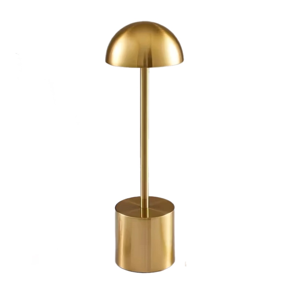 Golden LED table lamp on a white background, showcasing luxurious metallic design and modern silhouette. Bellvian luxury home lighting.
