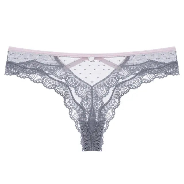 Grey Bellvian lace cut out thong underwear featuring floral lace panels and decorative strap details. This stylish women's thong combines a sexy silhouette with lightweight comfort, making it suitable for everyday wear, lingerie gifts and modern underwear collections.
