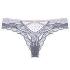 Grey Bellvian lace cut out thong underwear featuring floral lace panels and decorative strap details. This stylish women's thong combines a sexy silhouette with lightweight comfort, making it suitable for everyday wear, lingerie gifts and modern underwear collections.