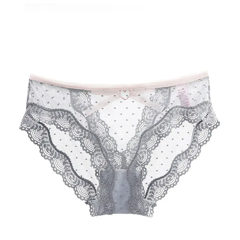 Bellvian grey polka dot lace panty product image showcasing delicate lace details and sheer mesh design, luxury underwear combining feminine elegance, comfort and flattering fit for modern UK lingerie shoppers.