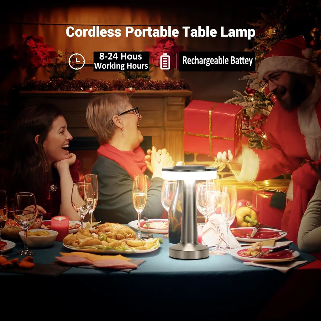 Outdoor terrace scene featuring Bellvian cordless table lamp on a garden table during evening time, spreading cozy ambient light under the stars.