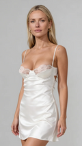 Bellvian white satin mini dress with underwired lace cups, premium silk slip dress silhouette for women, elegant low cut nightwear, sexy anniversary gifts for girlfriend, luxury bridal nightie outfit.