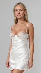 Bellvian white satin mini dress with underwired lace cups, premium silk slip dress silhouette for women, elegant low cut nightwear, sexy anniversary gifts for girlfriend, luxury bridal nightie outfit.