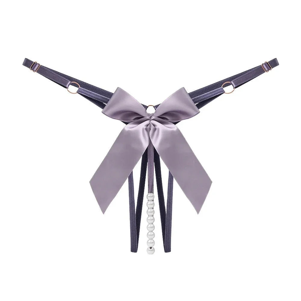 Bellvian lavender pearl thong with elegant satin bow accents and decorative pearl strands, offering a feminine and romantic style that is ideal for special occasions, lingerie gifts and luxury intimatewear collections.