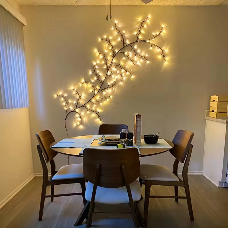 Elegant Bellvian LED vine lamp decorating a modern dining room wall, featuring flexible warm white fairy lights for a soft, relaxing atmosphere.