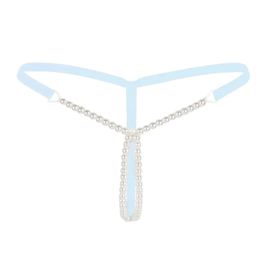 Bellvian light blue pearl open crotch thong featuring elegant pearl embellishments, adjustable straps and feminine luxury styling, premium intimate lingerie designed for confidence, comfort and romance, perfect gift for girlfriend, wife or bride, ideal for honeymoon collections, wedding night lingerie and luxury underwear shopping throughout the UK.