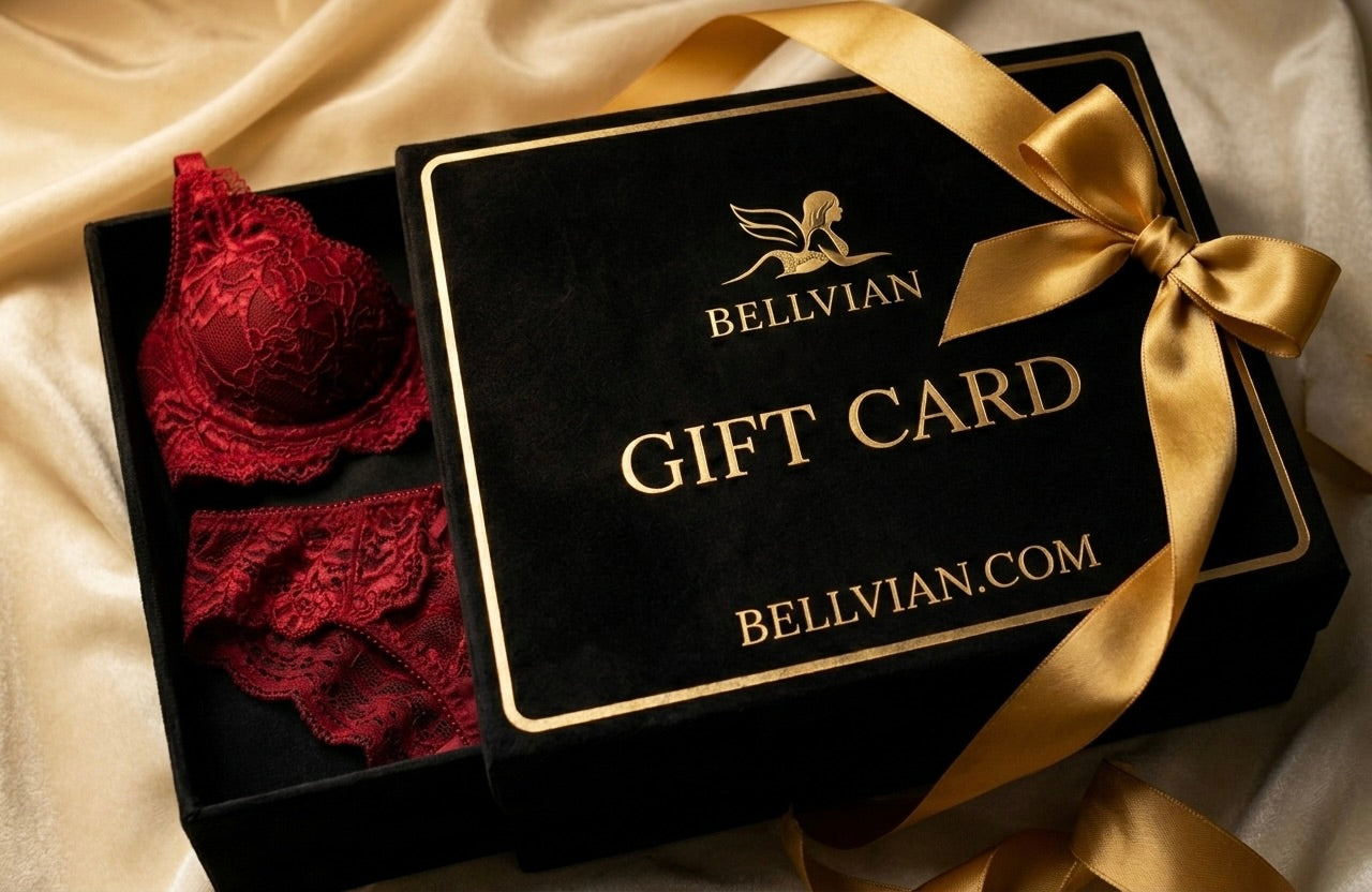 Bellvian luxury gift card presented with premium red lace lingerie perfect gift for wife gift for girlfriend anniversary gift birthday present Valentine's Day gift Christmas gift wedding gift honeymoon surprise romantic luxury gift voucher UK
