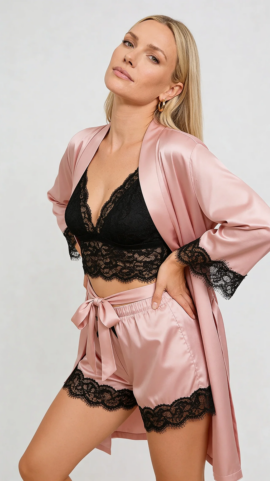 Bellvian luxury pink satin loungewear set featuring lace camisole satin robe matching shorts romantic bridal sleepwear honeymoon pyjama set anniversary gift for wife gift for girlfriend and elegant luxury nightwear UK