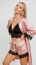 Bellvian luxury pink satin loungewear set featuring lace camisole satin robe matching shorts romantic bridal sleepwear honeymoon pyjama set anniversary gift for wife gift for girlfriend and elegant luxury nightwear UK