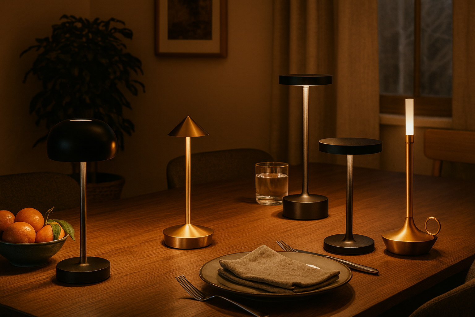 Minimalist table lamp illuminating a cozy evening dining setup with warm ambient light and elegant home decor Bellvian modern home lighting.