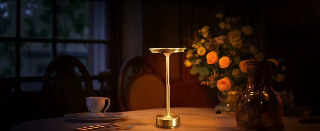 Bellvian modern aluminum touch LED table lamp in gold color, sleek cylindrical base and circular head design, displayed on a pure white background highlighting its minimalist and elegant form.