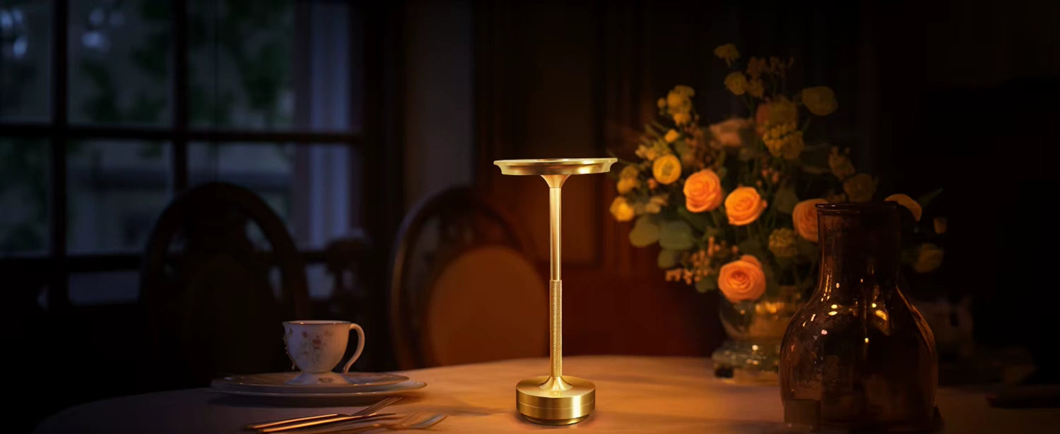 Bellvian modern aluminum touch LED table lamp in gold color, sleek cylindrical base and circular head design, displayed on a pure white background highlighting its minimalist and elegant form.