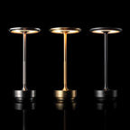 Bellvian modern aluminum LED table lamp in silver finish, featuring a slim stem, round head and smooth base, photographed on a white background showcasing minimalist contemporary lighting design.