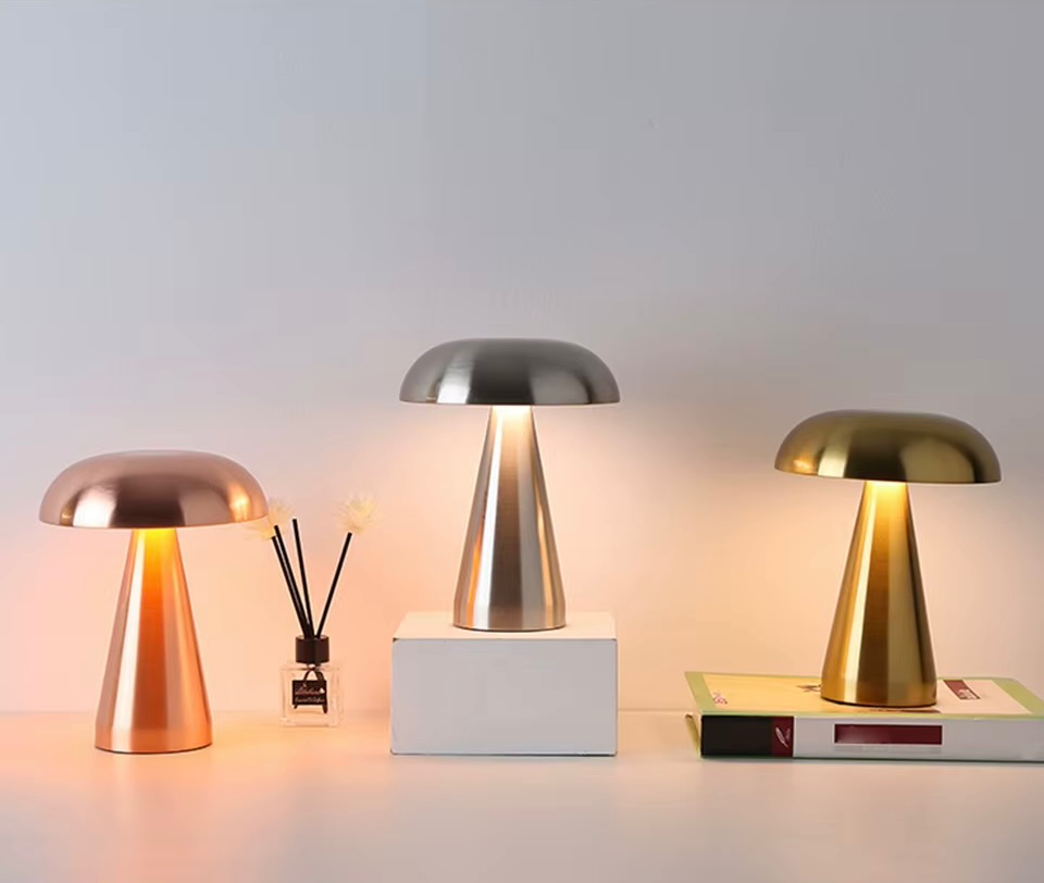 Set of mushroom lamps in copper, silver and gold finishes; LED, rechargeable and touch-dimmable—premium collection for modern décor.