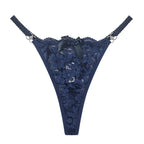 Navy blue floral lace thong featuring delicate embroidery, sparkling decorative accents and a flattering minimal coverage design. Perfect for women searching for luxury lace lingerie, premium thong underwear, romantic gifts and stylish intimate essentials for special occasions.
