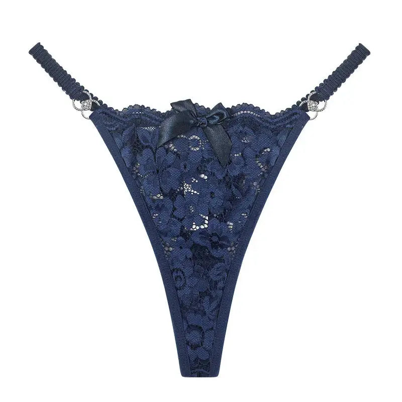 Navy blue floral lace thong featuring delicate embroidery, sparkling decorative accents and a flattering minimal coverage design. Perfect for women searching for luxury lace lingerie, premium thong underwear, romantic gifts and stylish intimate essentials for special occasions.